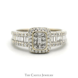 1cttw Invisi-Set Diamond Cluster Engagement Ring with Baguette Cut Accents in 14k White Gold
