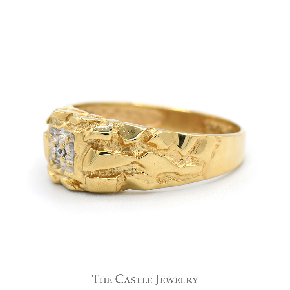 Illusion Set Diamond Ring with Textured Nugget Sides in 10k Yellow Gold