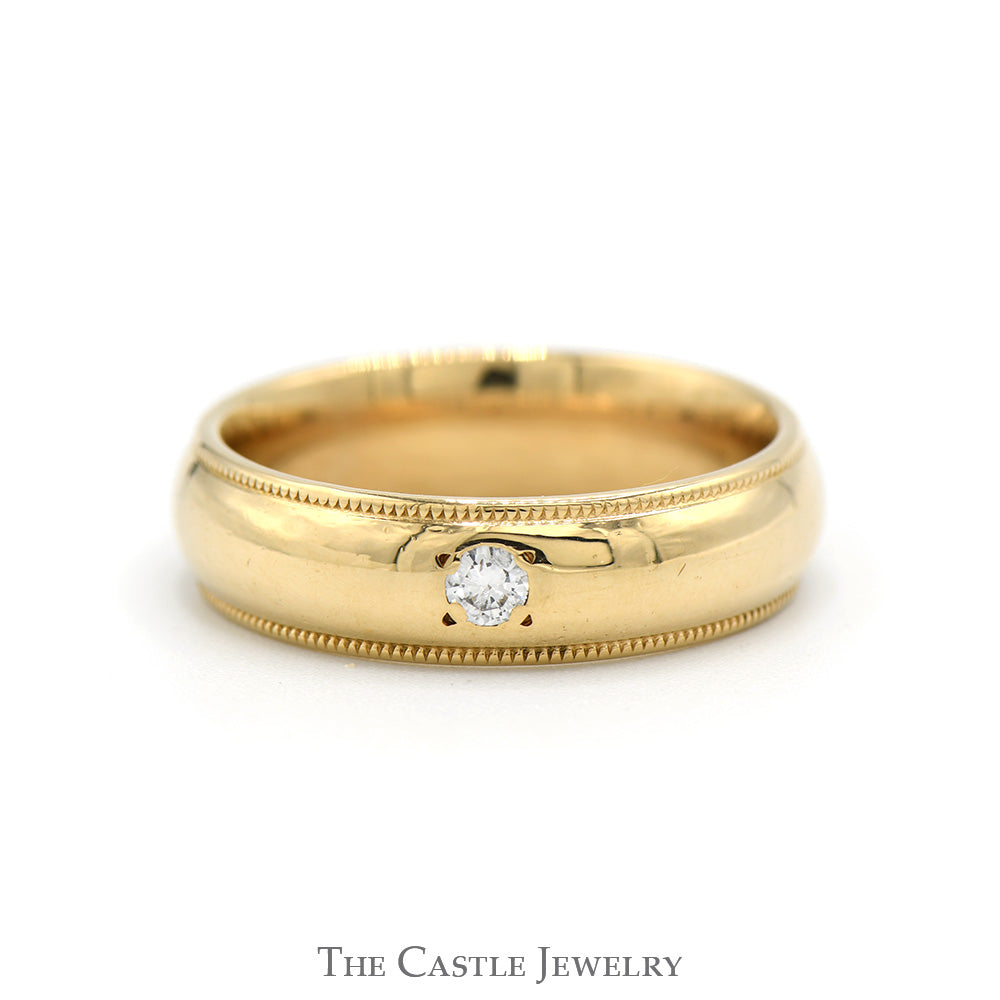 6mm Wide Comfort Fit Wedding Band with Milgrain Edges & Diamond Solitaire Accent in 14k Yellow Gold