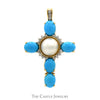 Oval Turquoise & Pearl Cross Pendant with Diamond Accents in 14k Yellow Gold - Thumbnail 1