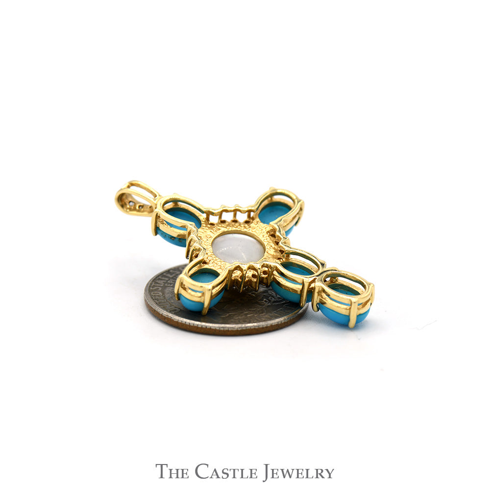 Oval Turquoise & Pearl Cross Pendant with Diamond Accents in 14k Yellow Gold