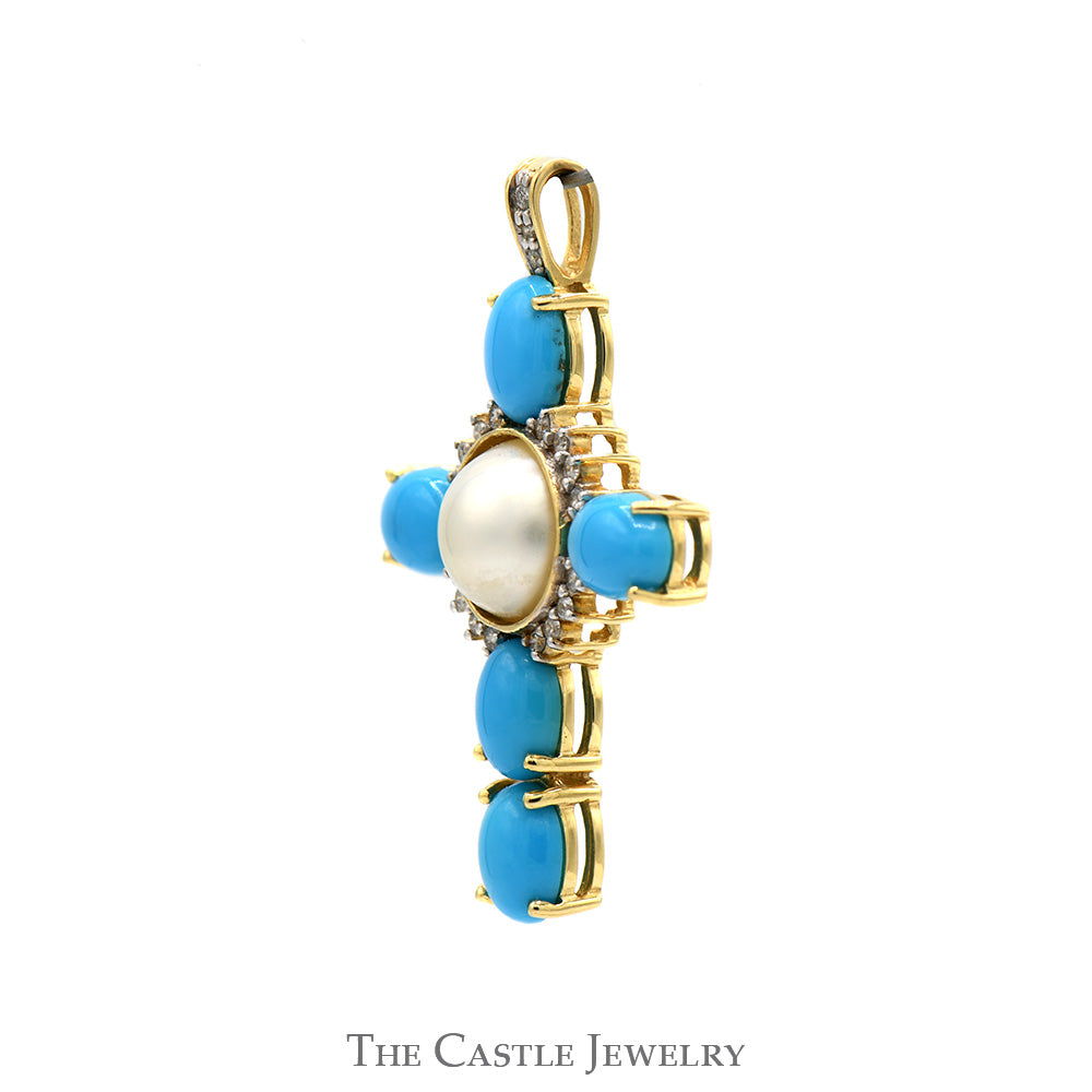 Oval Turquoise & Pearl Cross Pendant with Diamond Accents in 14k Yellow Gold