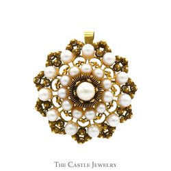 Round Pearl Cluster Brooch/Pendant Combo Piece with Beaded Detail in 10k Yellow Gold