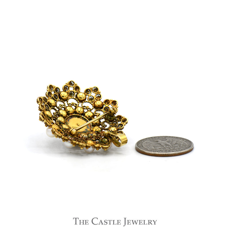 Round Pearl Cluster Brooch/Pendant Combo Piece with Beaded Detail in 10k Yellow Gold