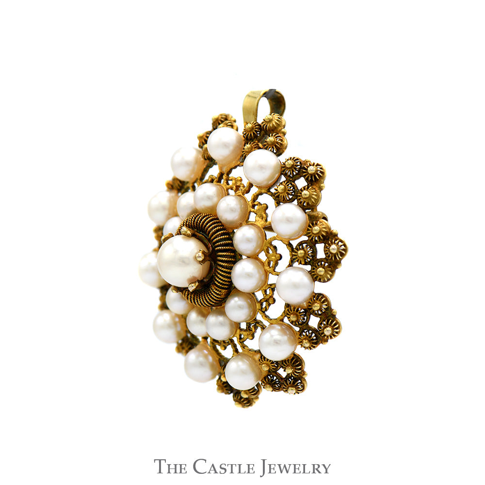 Round Pearl Cluster Brooch/Pendant Combo Piece with Beaded Detail in 10k Yellow Gold