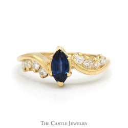 Marquise Cut Sapphire Solitaire Ring with Diamond Accented Curved Sides in 14k Yellow Gold
