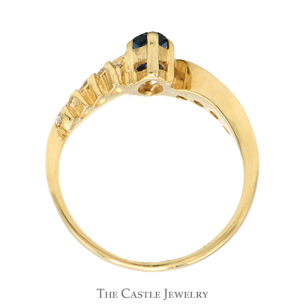 Marquise Cut Sapphire Solitaire Ring with Diamond Accented Curved Sides in 14k Yellow Gold
