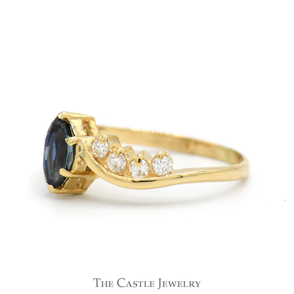 Marquise Cut Sapphire Solitaire Ring with Diamond Accented Curved Sides in 14k Yellow Gold