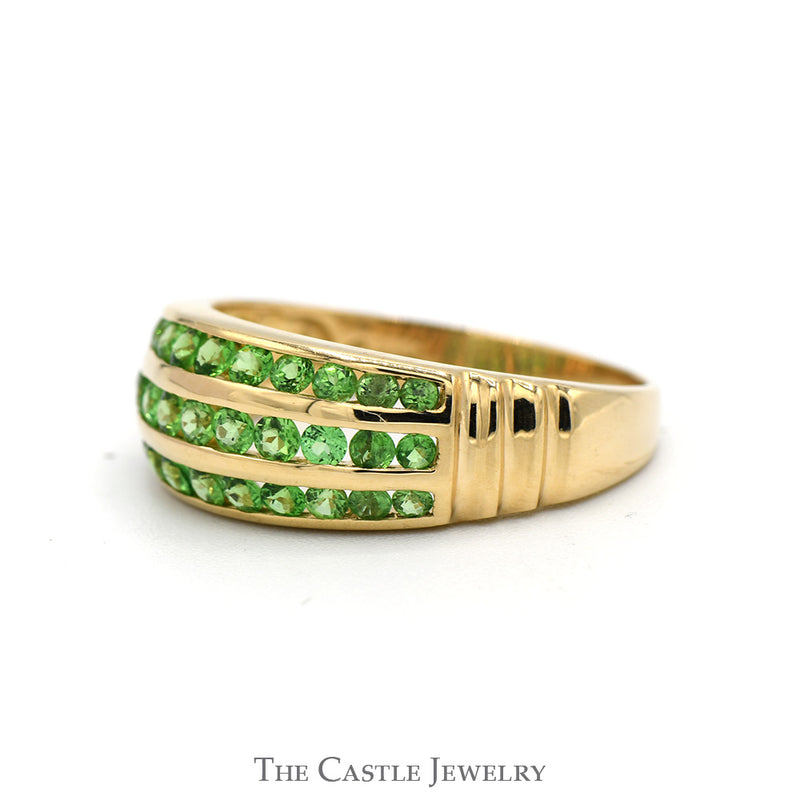 3 Row Channel Set Green Spinel Dome Ring in 14k Yellow Gold
