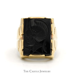 Rectangular Black Intaglio Ring with Geometric Sides in 10k Yellow Gold