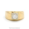 1/3ct Diamond Solitaire Men's Ring with Grooved Sides in Polished 14k Yellow Gold - Thumbnail 1