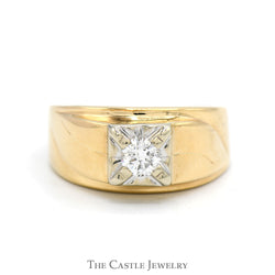 1/3ct Diamond Solitaire Men's Ring with Grooved Sides in Polished 14k Yellow Gold