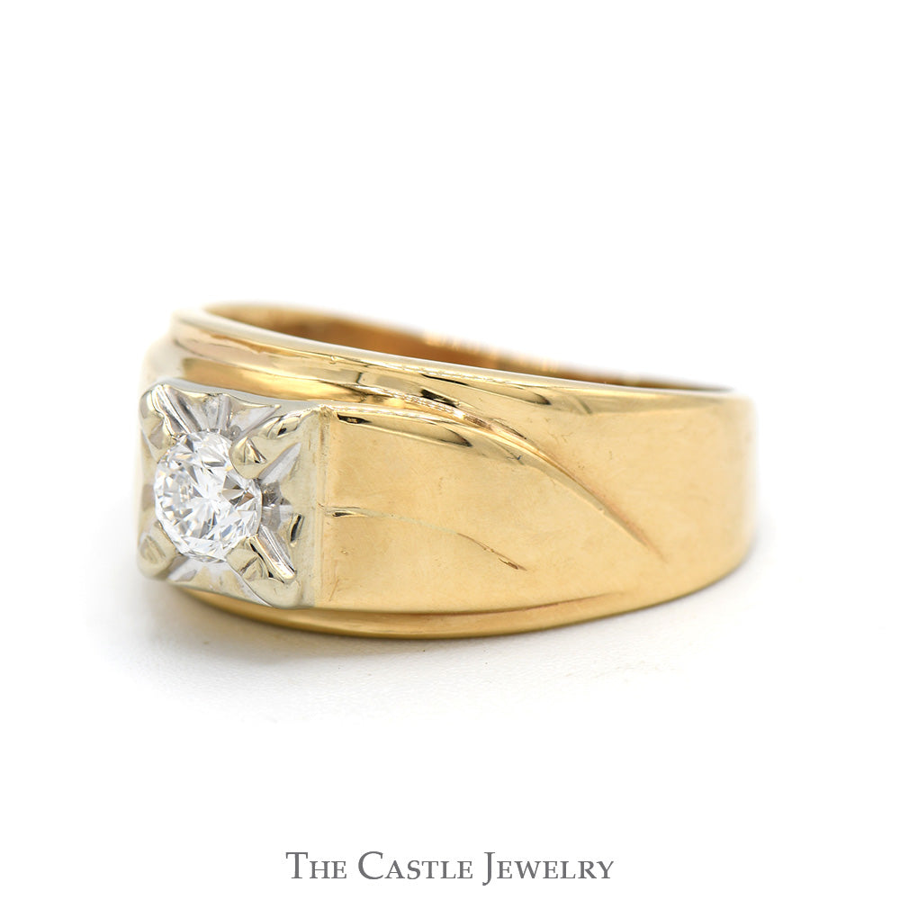 1/3ct Diamond Solitaire Men's Ring with Grooved Sides in Polished 14k Yellow Gold