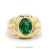 Oval Bezel Set Synthetic Emerald Ring with Concaved Grooved Sides in 10k Yellow Gold - Thumbnail 1