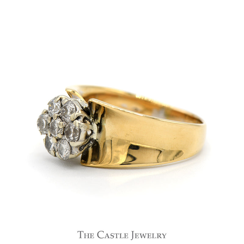 1cttw Round Shaped 7 Diamond Cluster Ring with Concaved Tapered Sides in 10k Yellow Gold