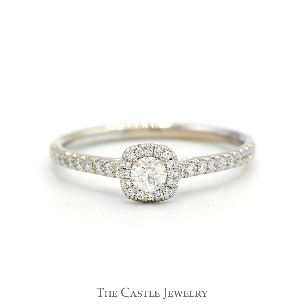 1/2cttw Round Diamond Solitaire Engagement Ring with Diamond Halo & Accented Sides in 14k White Gold