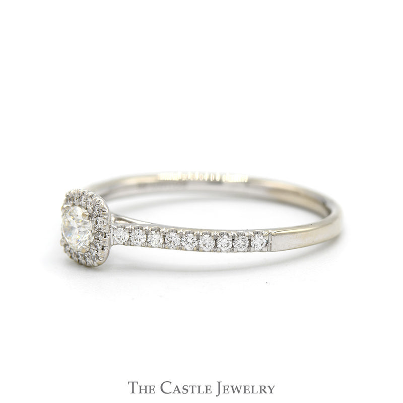 1/2cttw Round Diamond Solitaire Engagement Ring with Diamond Halo & Accented Sides in 14k White Gold