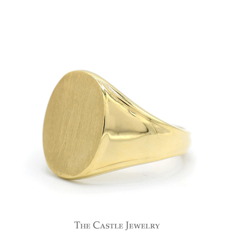 Oval Shaped Brushed Textured Signet Ring with Polished Sides in 14k Yellow Gold