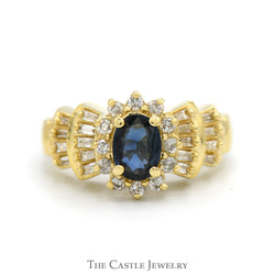 Oval Cut Sapphire Solitaire with Diamond Halo & Baguette Cut Accented Sides in 14k Yellow Gold