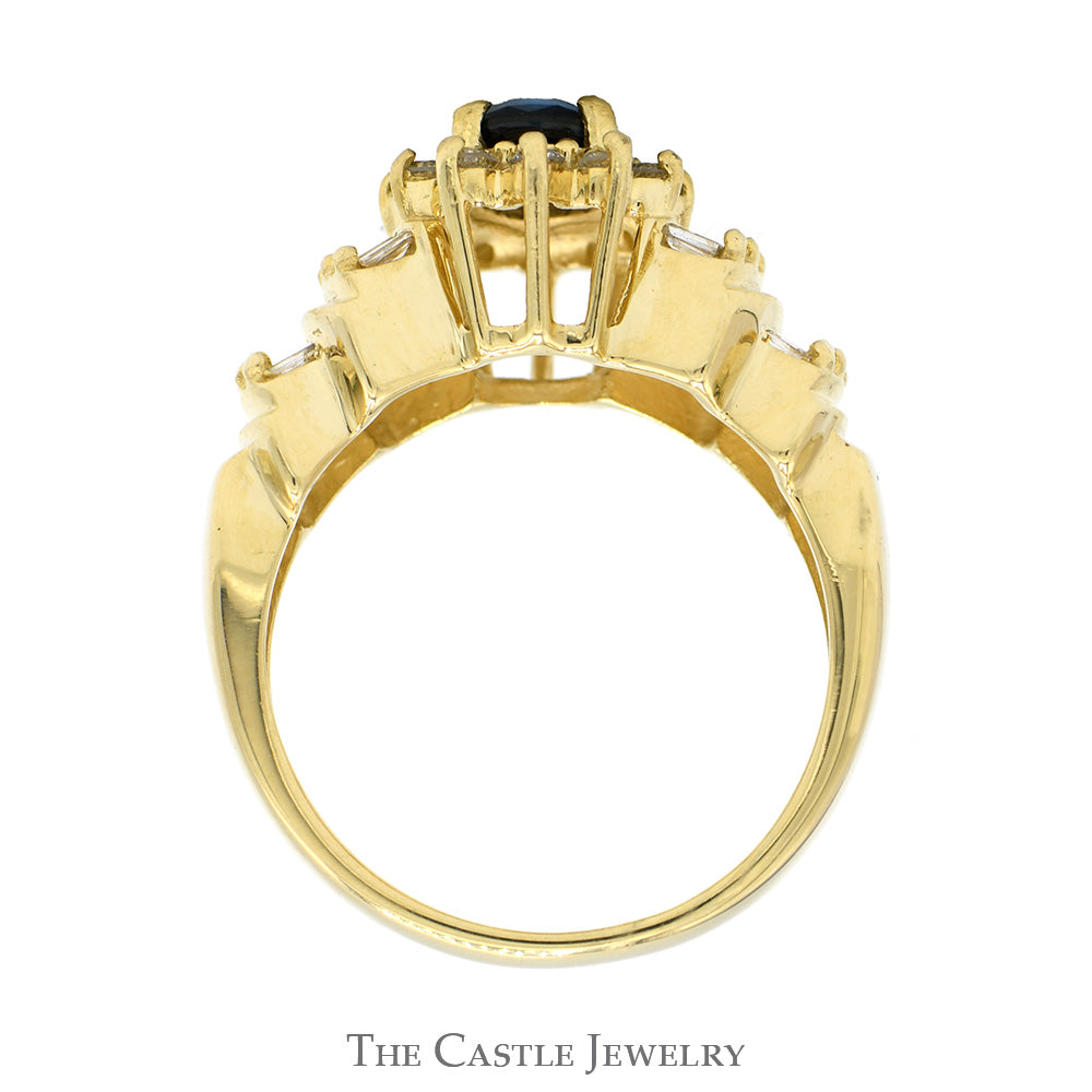 Oval Cut Sapphire Solitaire with Diamond Halo & Baguette Cut Accented Sides in 14k Yellow Gold