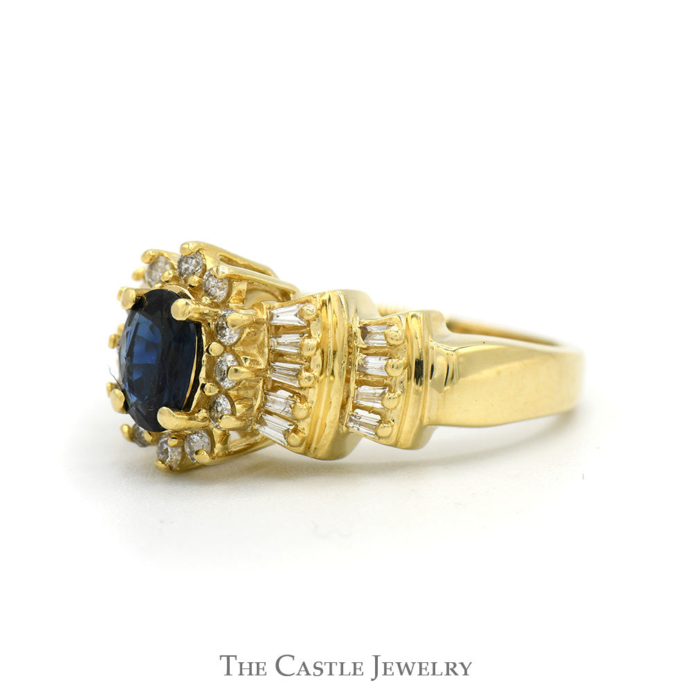 Oval Cut Sapphire Solitaire with Diamond Halo & Baguette Cut Accented Sides in 14k Yellow Gold