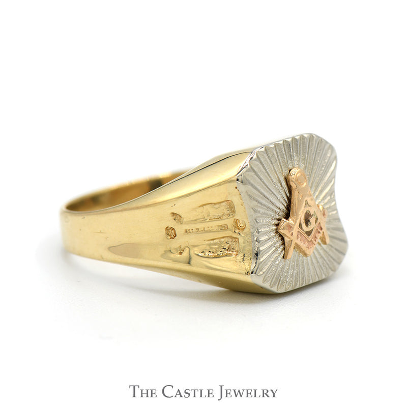 Tri-Tone Square & Compass Masonic Ring with Side Symbols in 10k Yellow, Rose, & White Gold