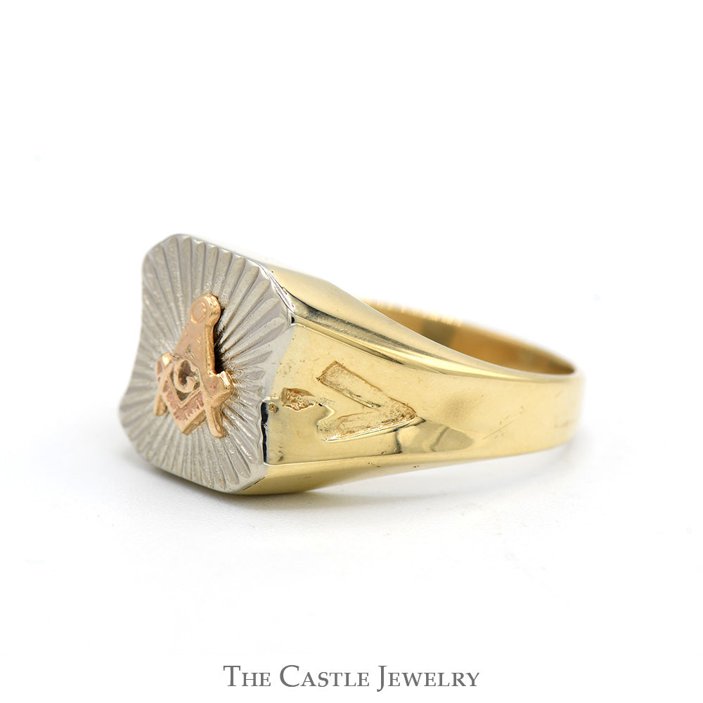 Tri-Tone Square & Compass Masonic Ring with Side Symbols in 10k Yellow, Rose, & White Gold