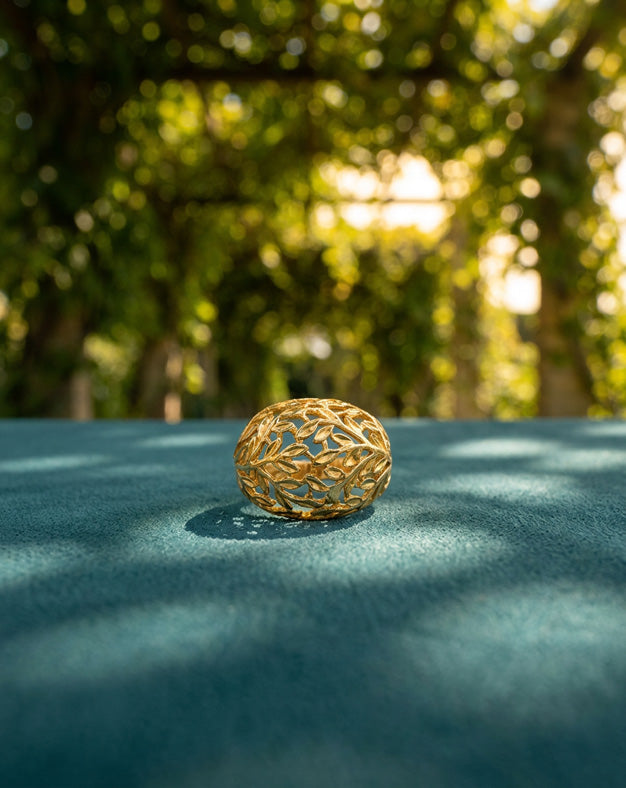 Open Leaf Designed Dome Ring in 14k Yellow Gold
