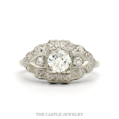 14k white gold antique Art Deco filigree diamond ring — top view