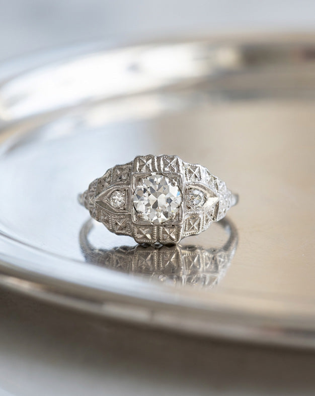 0.75ctw Antique Diamond Ring with 0.65ct Round Brilliant Center in 14k White Gold