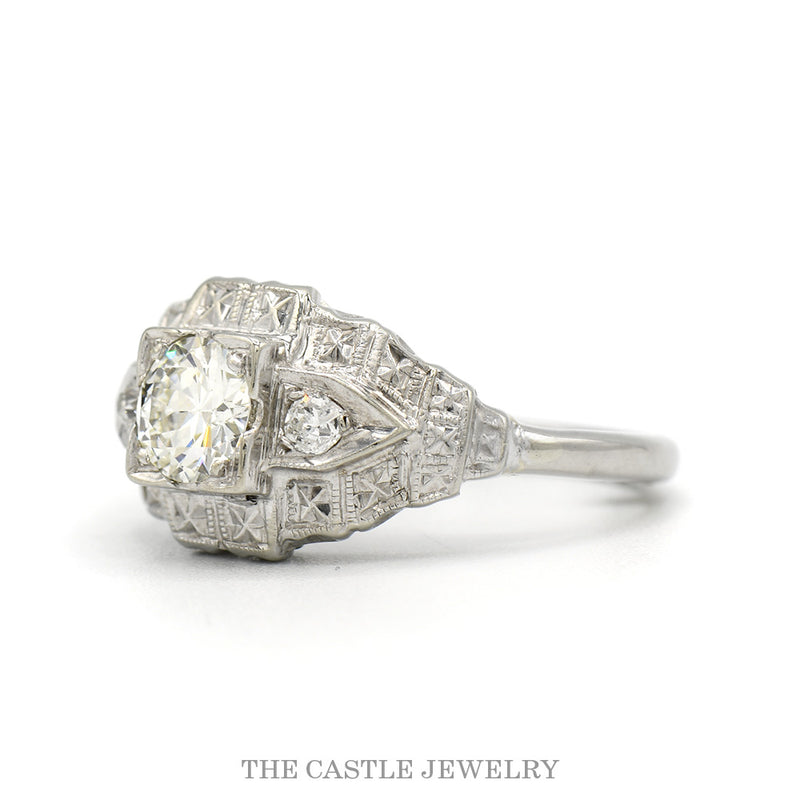 Side profile of the 14k white gold Art Deco filigree ring showing openwork