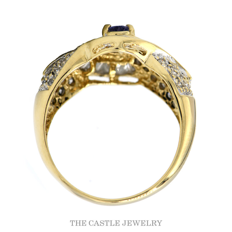 Oval Cut Tanzanite Ring with Round and Baguette Diamond Cluster Accents in 14k Yellow Gold