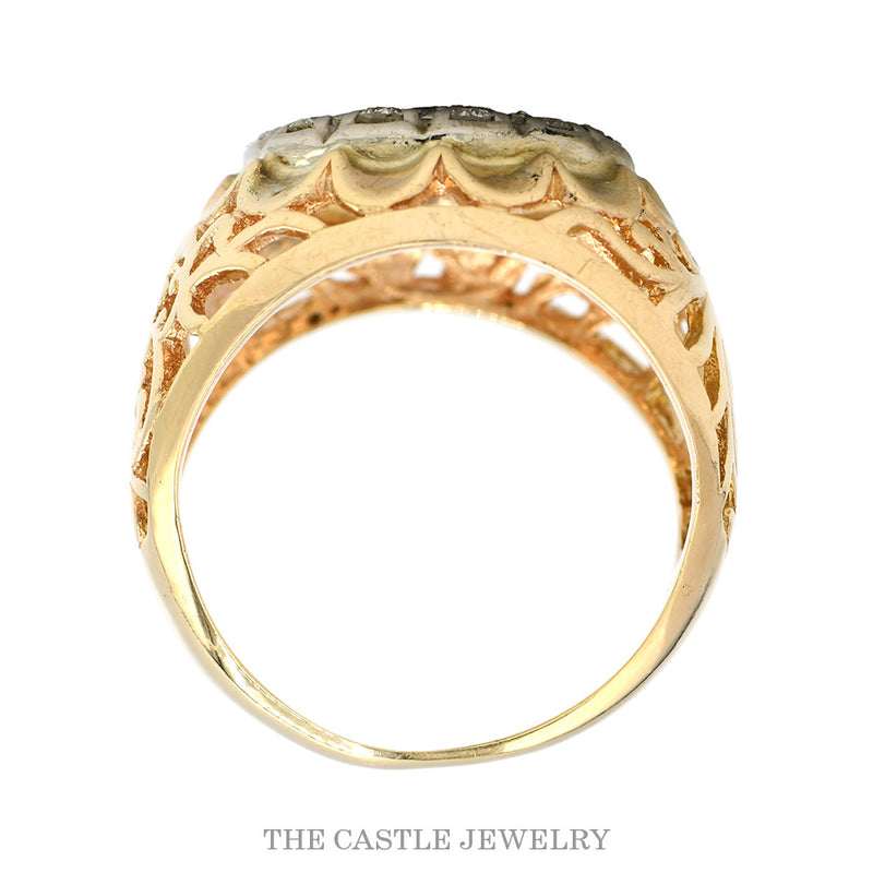1cttw 19 Round Diamond Kentucky Cluster Ring with Open Filigree Sides in 10k Yellow Gold