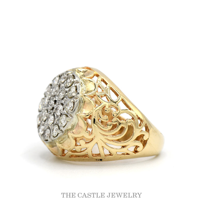 1cttw 19 Round Diamond Kentucky Cluster Ring with Open Filigree Sides in 10k Yellow Gold