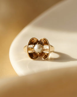 Round Pearl Flower Ring with Sculpted Gold Petals in 14k Yellow Gold