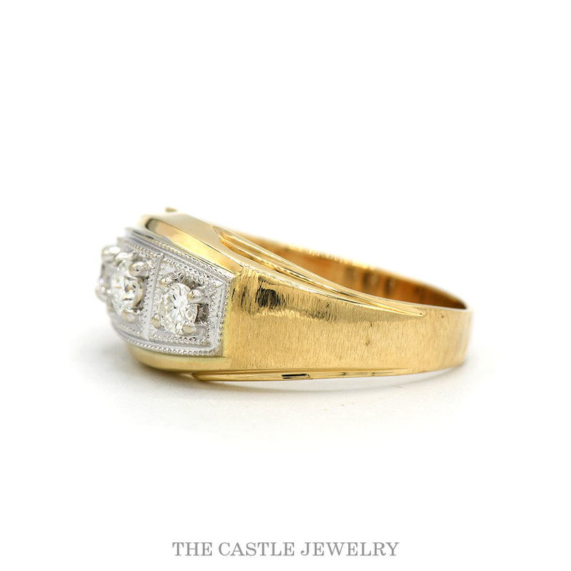 1/2cttw Three Stone Diamond Men's Ring with Brush Textured Sides in 14k Yellow Gold