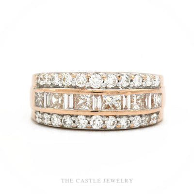Kallati signed 14k rose gold three-row diamond band with princess, baguette, and pavé rounds — top view