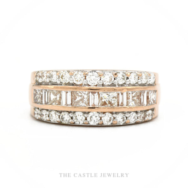 Kallati signed 14k rose gold three-row diamond band with princess, baguette, and pavé rounds — top view