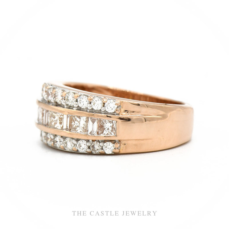 Side profile of the Kallati 14k rose gold three-row diamond band showing band width and tiered rows