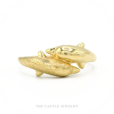 14k yellow gold double dolphin bypass ring with polished and satin finishes — top view