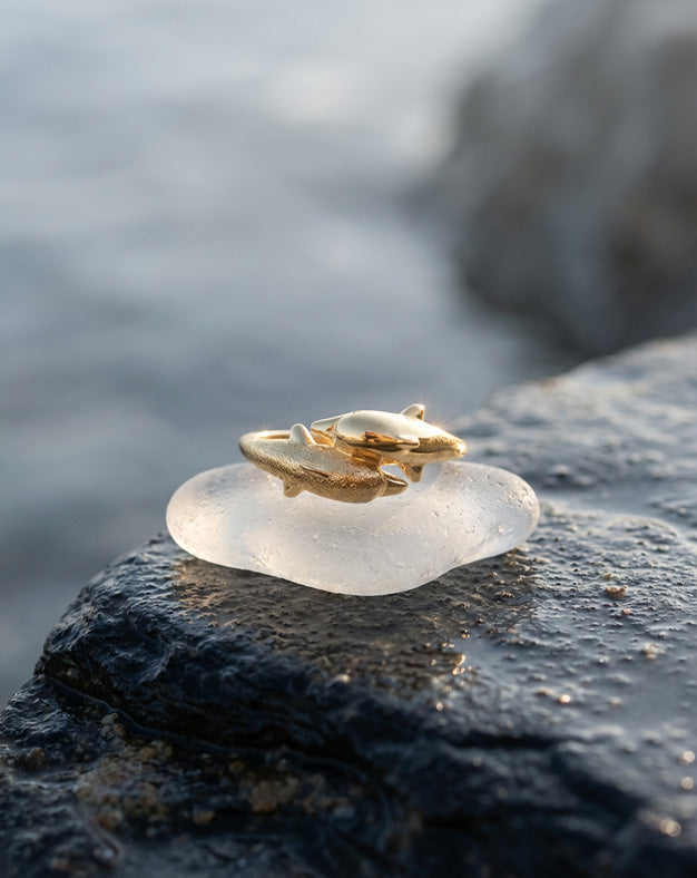 Double Dolphin Bypass Ring with Polished and Satin Finishes in 14k Yellow Gold