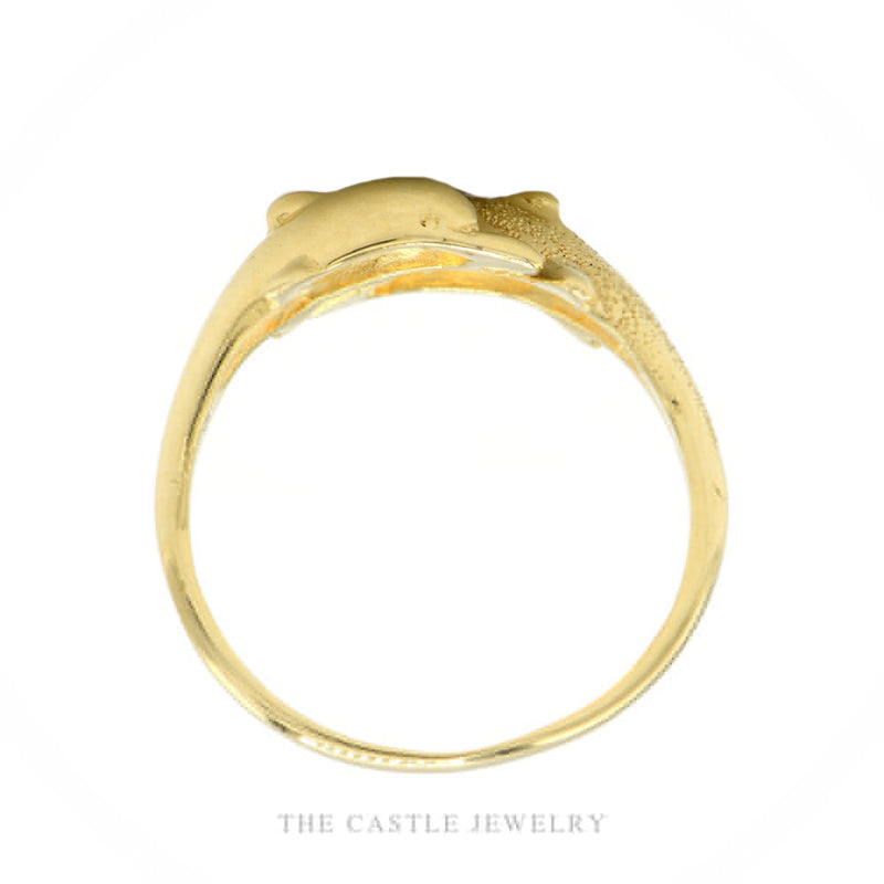 Front-facing view of the 14k yellow gold dolphin bypass ring showing polished and satin dolphin pair