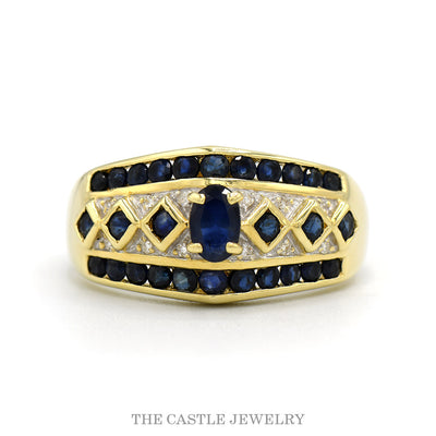 14k yellow gold oval sapphire ring with sapphire lattice band — top view