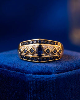 Oval Sapphire Ring with 0.06ctw Diamond and Sapphire Lattice Band in 14k Yellow Gold