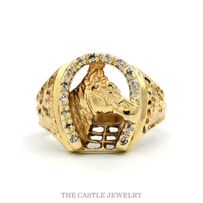 10k yellow gold men's horsehead-in-horseshoe diamond ring — top view