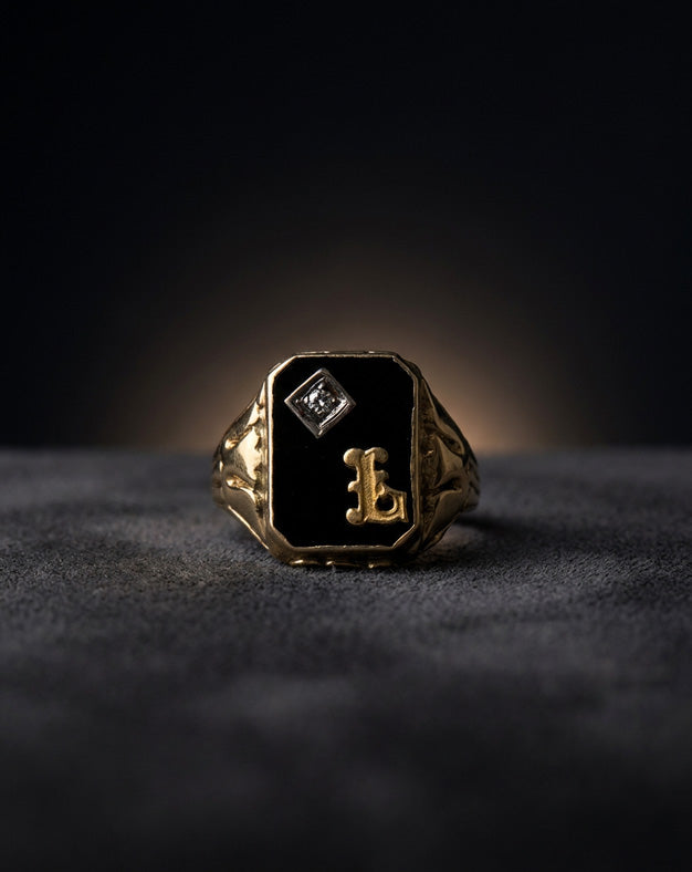 Black Onyx Initial 'L' Ring with Diamond Accent and Nugget Sides in 10k Yellow Gold
