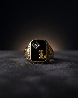 Black Onyx Initial 'L' Ring with Diamond Accent and Nugget Sides in 10k Yellow Gold
