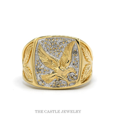 10k two tone eagle signet ring with gold beaded field and diamonds — top view