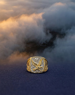 10k Two Tone Eagle Signet Ring with Gold Beaded Field and .08cttw Diamonds