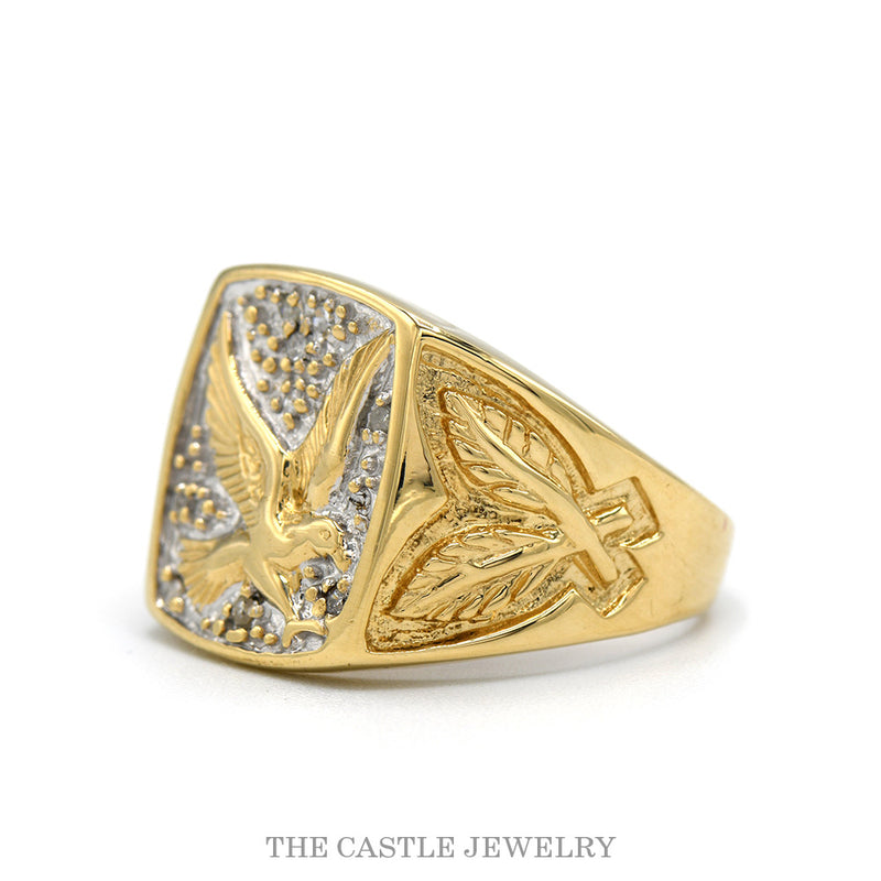Side profile of the eagle signet ring showing the feathered plume shoulders